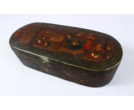 AN 18TH / 19TH CENTURY PERSIAN PAINTED LACQUER LIDDED PEN BOX, with a removable inner lining, decorated with scenes of figure