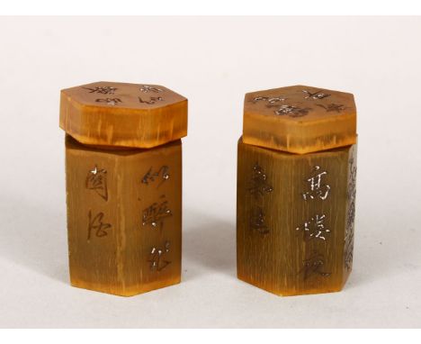 A PAIR OF 19TH CENTURY CHINESE RHINO HORN &amp; SILVER MEDICINE BOTTLES, each with lids and inlaid with silver chinese callig