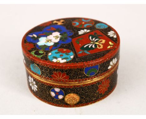 A GOOD CHINESE CLOISONNE ENAMEL CIRCULAR POT &amp; COVER,  decorated with roundel's and fan shaped panels with flora, 6cm dia