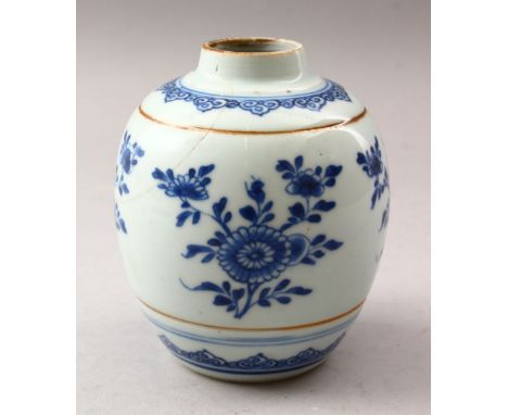 A GOOD CHINESE KANGXI PERIOD BLUE &amp; WHITE PORCELAIN JAR, the body decorated with native floral scenes between two bands o