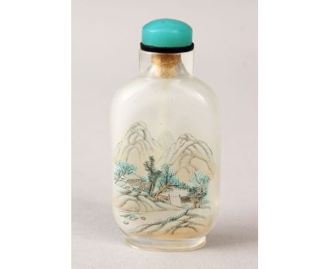 A GOOD 19TH / 20TH CENTURY CHINESE REVERSE PAINTED GLASS SNUFF BOTTLE, the body decorated with two different landscape scenes