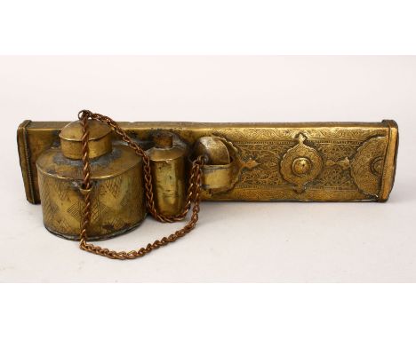 A RARE 16TH CENTURY YEMANI BRASS SCRIBER'S BOX, with carved calligraphy &amp; decoration, 30.5cm long