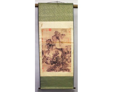 A GOOD CHINESE HANGING SCROLL PICTURE, the picture depicting a native rocky landscape, with chinese calligraphy and seals.