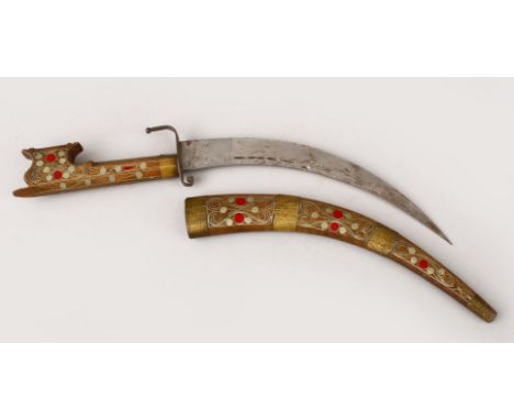 A GOOD CARVED WOODEN DAGGER WITH INLAID SCABBARD AND HILT, 37CM LONG
