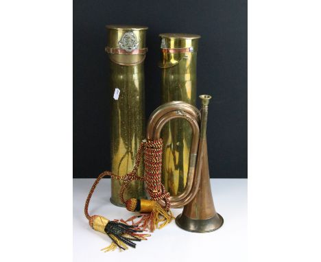 Two trench art artillery shell brass cannisters, 75mm 1943 and ashtrays together with an early 20th century military brass bu