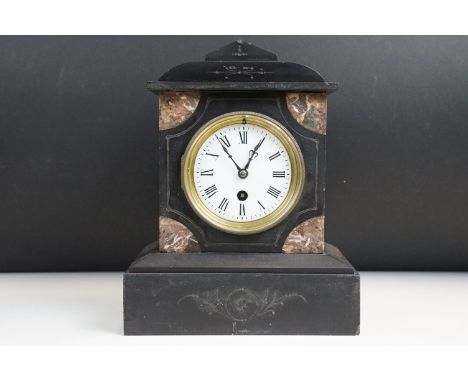 Victorian marble and slate clock with etched detail to front, H 29cm