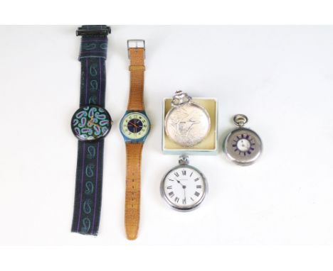 A small collection of wristwatches and pocket watches to include a hallmarked silver cased half hunter pocket watch with blue