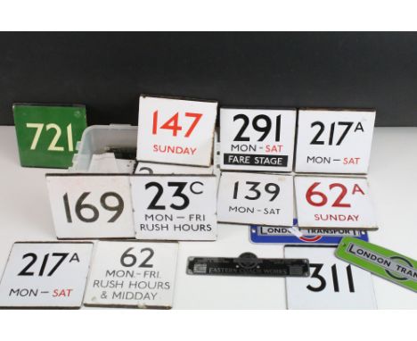 A good collection of London transport enamel signs to include a selection of bus stop numbers and carriage plates.