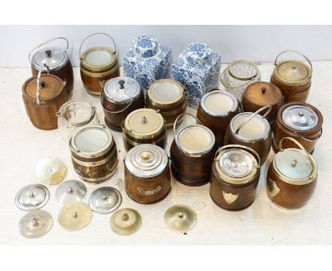 Collection of, brass and wood ceramic lined ice buckets together with a pair of blue and white ceramic storage jars and two c