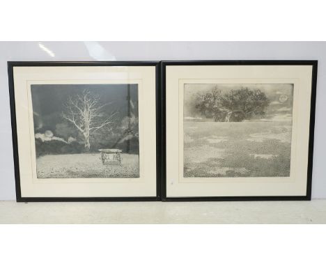 Russian school, landscape scene with cart on paved ground and leafless tree behind, etching, signed in pencil lower right and