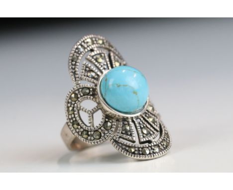 Art Deco style silver and marcasite ring with turquoise panel