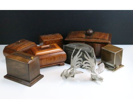 Collection of vintage wooden cigarette dispenser boxes together with Bakelite and chrome examples and a pair of silver metal 