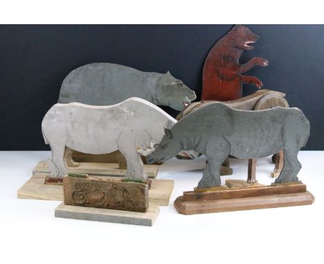 Vintage wooden cut out animals, hand painted on base stands, to include bear, rhinos, hippo, gorilla etc