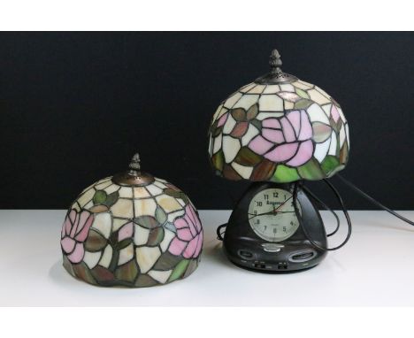 Steepletone vintage touch light clock radio table lamp base together with a pair of Tiffany style stained glass floral shades