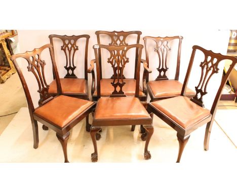 Set of six 18th century Chippendale style dining chairs having carved tracery back with ball and caw legs and drop in seats. 