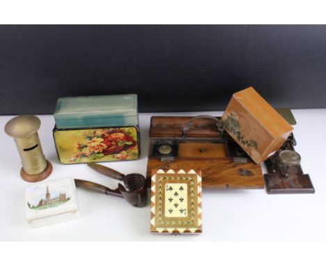 A box of mixed collectables to include brass postal scales, stamp box, brass pillar box shaped money box and assorted boxes.