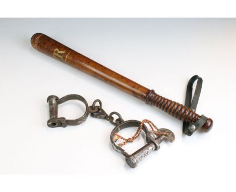 Victorian wooden truncheon with gold painted initials VR and carved B 517 to handle with leather strap together with a set of