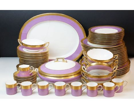 Lawleys Cauldon China purple and gold dinnerware to include large oval platter, lidded tureen, seven soup cups, twelve saucer