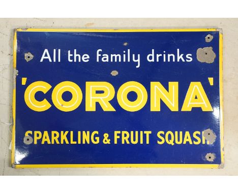 Vintage 'All the family drinks Corona, sparkling &amp; fruit quash' enamel advertising sign, H 51cm, W 77cm, D 2cm