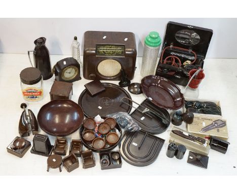 Collection of Bakelite to include Smith electric table clock, Bush radio, G.U.L fruit bowl, serving tray, Thermos coffee jug,