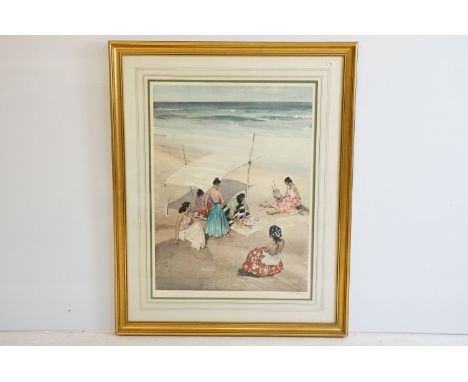 After William Russell Flint (Scottish, 1880 - 1969), 'Gitanes at La Galera', beach picnic scene, colour print, signed in penc