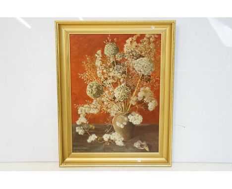 After Marjorie Drawbell (British, 1903 - 2000), still life study of a vase of dried flowers, print on canvas, 64.5 x 47.5cm, 