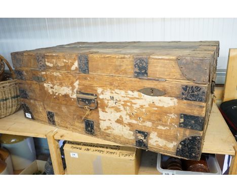 Metal bound and lined pine travel trunk chest box, H 38cm, W 91.5cm D 54cm