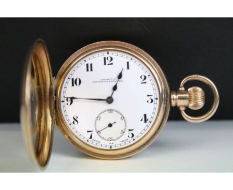 A gold plated half hunter pocket watch, white enamel dial with sub second hand to 6 o'clock, dial marked T. Picket Ltd, Ports