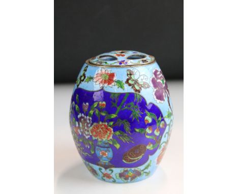 Chinese cloisonné tea caddy and cover of barrel form decorated with butterflies, flowers and vases on a blue ground, 10.5cm h