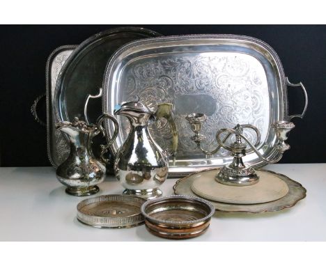 Quantity of silver plate items to include baluster wine jug with antler handle, etched wine jug, oval and round wine coasters