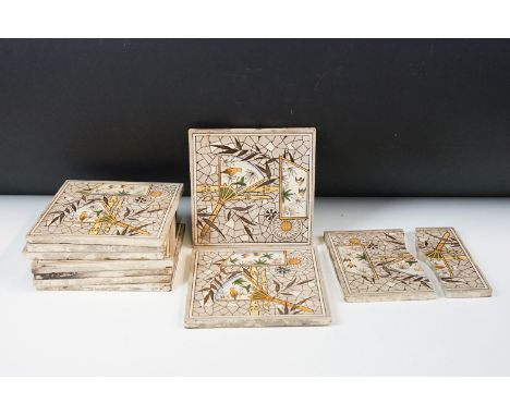 Ten ceramic tiles with bird, bamboo/bone and fan pattern (one broken tile) marked No. 63 to back, H 16cm x W 16cm&nbsp;