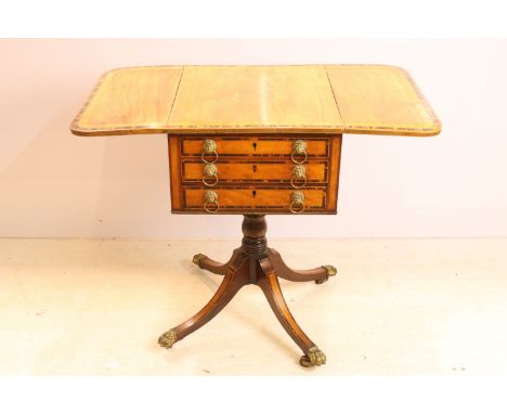 19th Century walnut and coromandel wood inlaid cross banded drop leaf table with central bank of drawers with lions mask ring