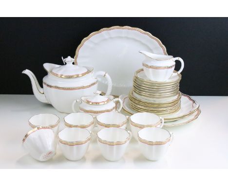 Royal Crown Derby 'Carlton Red' pattern tableware to include eight cups and saucers, milk jug, tea pot, lidded sugar bowl, ca