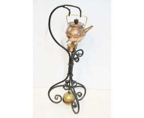 Christopher Dresser Aesthetic movement copper and brass kettle on stylised wrought iron stand with copper burner and brass we