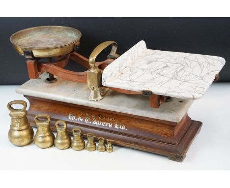 W &amp; T Avery Ltd, Birmingham, To weigh 20lb, vintage butcher's weighing scales with marble base, enamel shelf and brass di