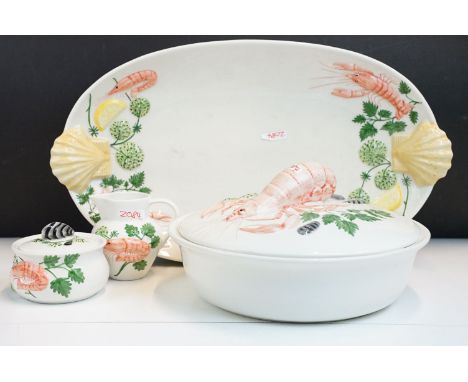 RC Portugal hand painted Lobster lidded tureen soup pot, diameter 33cm together with large serving platter, W 57cm, mussels b