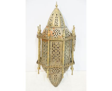 Large Persian style brass hanging lantern lamp with coloured glass panels, approx. H 70cm