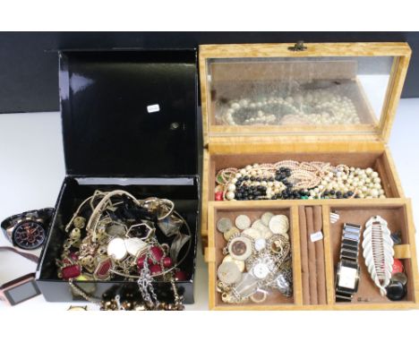 A collection of various costume jewellery, watches and coins, watches include Rotary, Curren...etc.. contained within two box