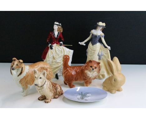 Beswick Persian cat figurine, Royal Worcester Alice and Lara figurines, Royal Copenhagen snowdrop dish 2685 together with Syl