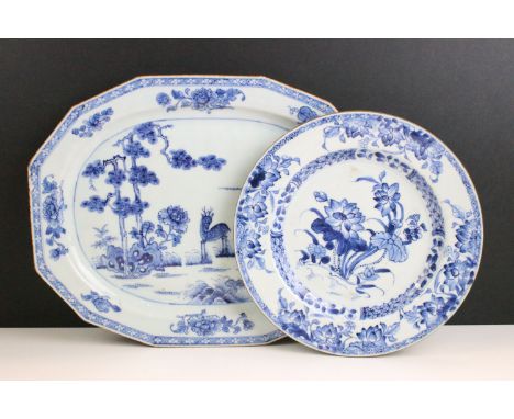 18th century Chinese blue and white dishes to include a floral gilt edged plate with markings to back, 22.5cm diameter and a 