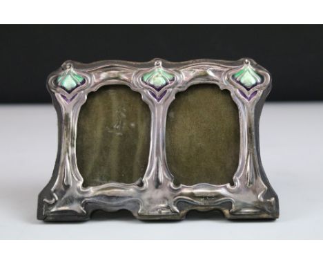 Sterling silver and enamel Tiffany style easel back double picture frame