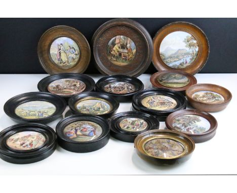Selection of Pratt Ware ceramic lids with wooden surrounds to include The Battle of the Nile, The Residence of Anne Hathaway,