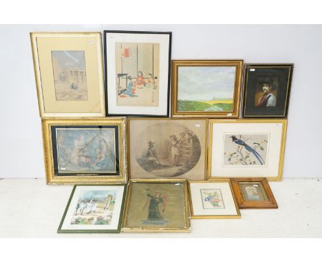 Selection of art works to include Frederick Ogilvie, Part of the Temple of Isis watercolour, oil painted Gentleman in hat, ac