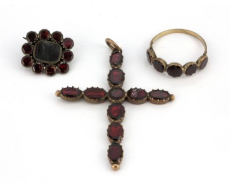 A Georgian / early Victorian flat cut foiled ring, mourning brooch and cross pendant (one garnet a/f), brooch 1.7 x 1.5cm, ri