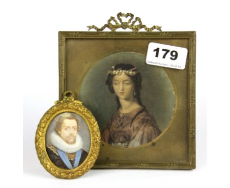 A framed hand painted portrait miniature of a young woman, framed size 13 x 15cm together with a further miniature frame cont