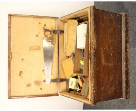 An old pine trunk and extensive tool contents, size 80 x 49 x 50cm.