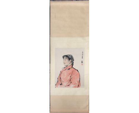 A Chinese silk mounted painted scroll of a girl in a red dress, W. 69cm L. 183cm.