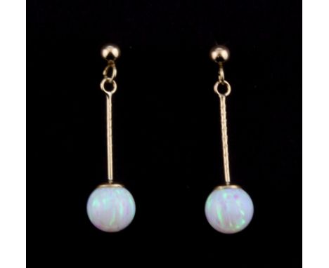 A pair of 9ct yellow gold synthetic opal ball drop earrings, L. 2.5cm.