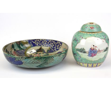 A Chinese mid 20th Century hand painted porcelain ginger jar and a glazed stoneware bowl, ginger jar H. 15cm.