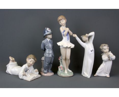 Three Lladro figures of a police boy, a boy yawning and an angel together with two Nao figurines, tallest H. 28cm. (Three box